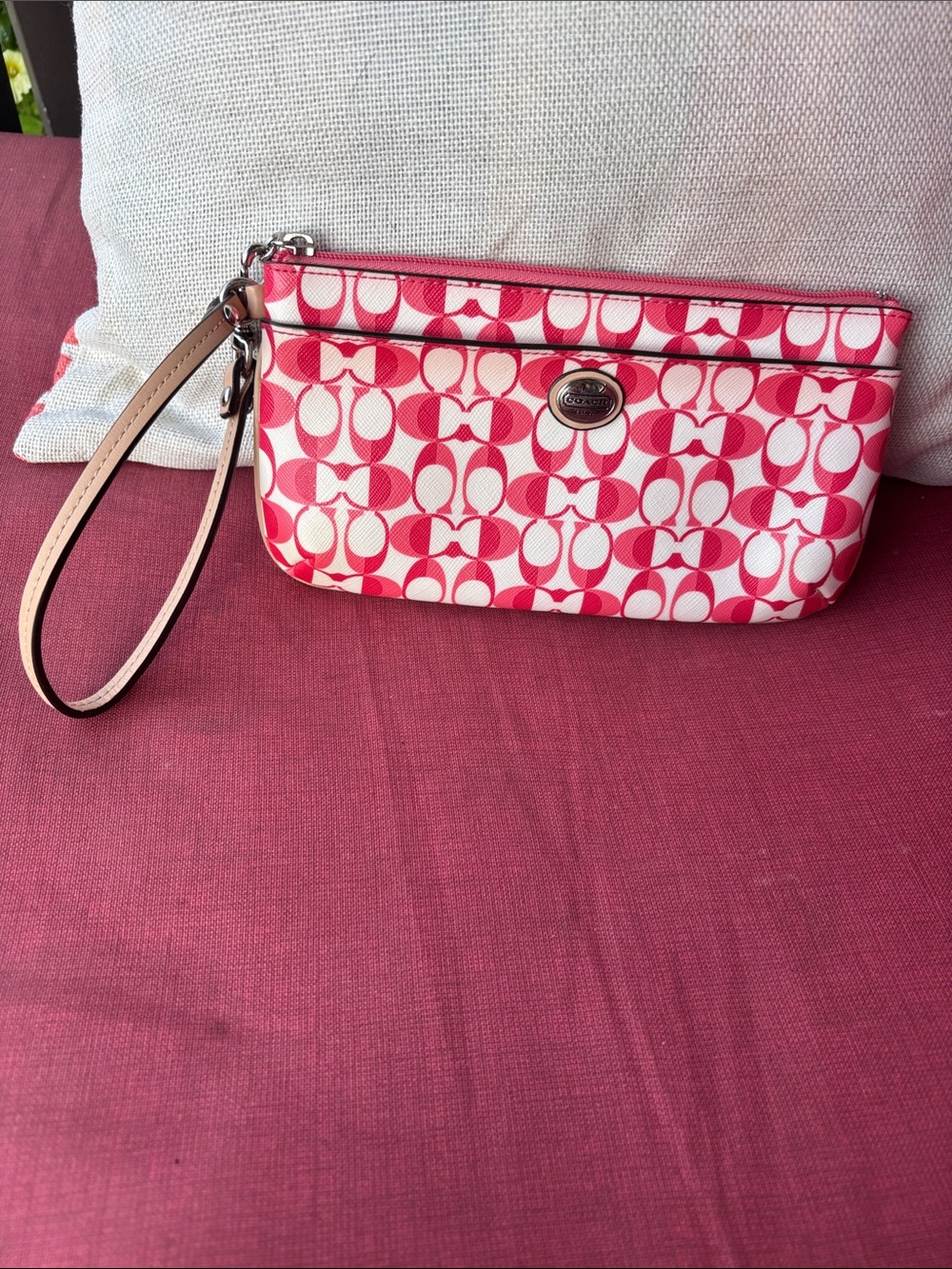 Coach Pink and White Signature Wristlet Clutch